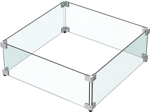 MESIDA 36 x 36 x 15 cm - Foyer en verre trempé - Protection contre le vent - Plaque de table - Épais et stable - Avec support d'angle en aluminium rigide et pieds en caoutchouc