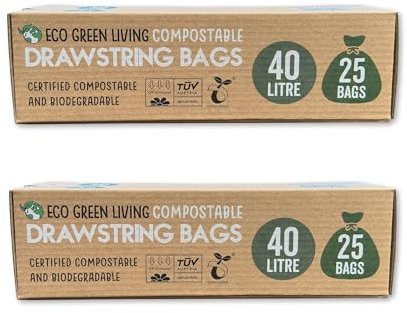 Eco Green Living 40 Litre Drawstring Bin Liners, Plastic Free, Strong and Leak Proof Refuse Sacks, Large Bin Bags for Food Waste Bin, Drawstring Garbage Bags, 50 Bags
