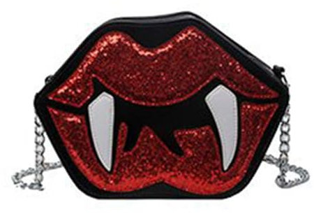 Crossbody Handtasche, lustige Vampirzahn Lippe Form Umhängetasche Crossbody Tasche mit Kette Halloween PU Leder Pailletten Geldbörse für Frauen, Schwarz
