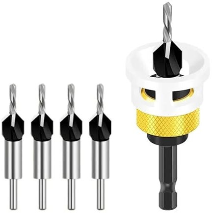 Socoje 4-in-1 Countersink Drill Bit with Adjustable Depth Stop,6.25mm Shank Tungsten Steel countersink Bits, Carbide Drill Bits 1/4” Hex Shank for Wood, Plastic, Woodworking