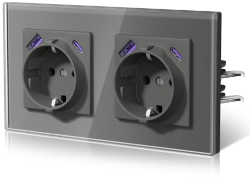 BSEED Enchufes con 20W USB y Tipo C,Enchufe Pared con Cristal,Instalación Con Garfio,Conexión sin Destornillador,Seguridad infantil,E-Serie,2 Enchufes(20W),157mm Gris