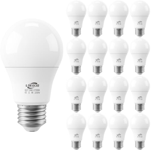 LOEODO E27 LED Screw Bulbs 60W Equivalent, 9W, 806 Lumens, 2700K Warm White, Large Screw Bulb, Non-Dimmable, Pack of 16