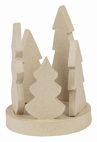 Décopatch AC934C - Kerzenhalter aus Pappmaché, Wald mit Tannenbäumen 11,5x11,5x17 cm, Kartonbraun zum Verzieren, 1 Stück
