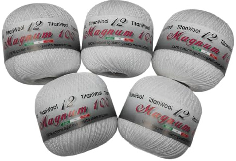 Filo di Scozia Magnum per uncinetto, 5 pezzi da 100 grammi. n° 3/5 / 8/12 / 16/25 (Bianco, n° 12)