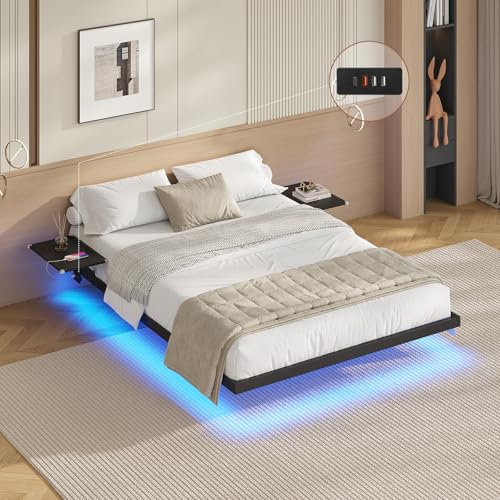 AOGLLATI Lit 2 Personnes avec 2 Étagères de Chevet,Cadre de Lit 140 x 190 avec Sommier Métal,Multiprise et Éclairage LED, 24 CM de Rangement pour Chambre, Noir