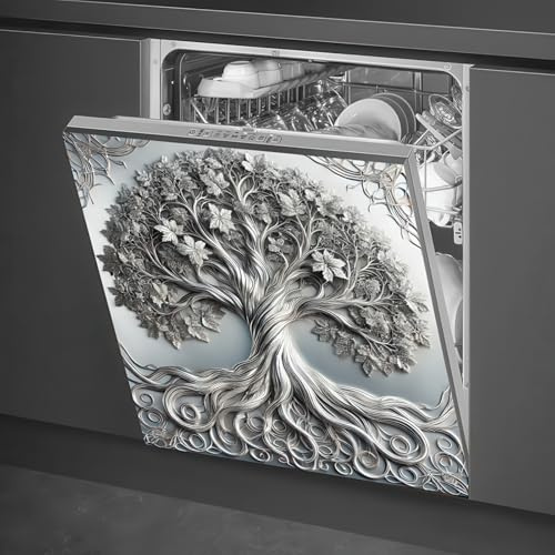 BlissYard Cubierta magnética 3D plateada del árbol de la vida para lavavajillas, panel de piel, vintage, plateado, metal para puerta delantera, cubierta magnética para electrodomésticos, lavavajillas