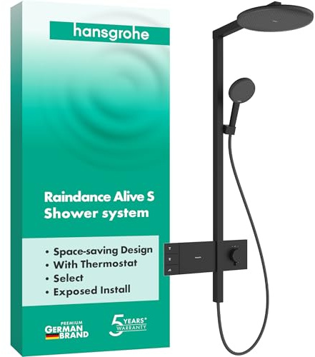 hansgrohe Raindance Alive S - Duschsystem mit Thermostat, Regendusche (300 mm) mit Armatur, Handbrause, Schlauch, Brausestange und runder Kopfbrause (2 Strahlarten), Mattschwarz, 24595670