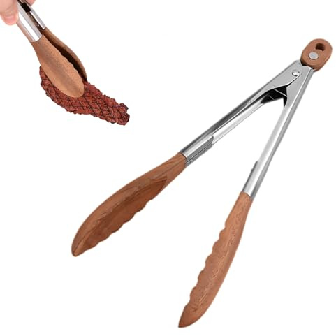 Shwdsy Küchenzange, 29CM Fleischzange, Robuste Edelstahl Zange Kochen, Exquisite Walnuss Tongs Kitchen, Hitzebeständig, Leicht zu Reinigen, zum Kochen, Grillen