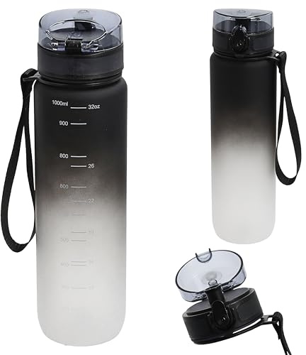 Cepewa Trinkflasche 1000ml Sport | PET PP PE 7,5x28cm schwarz weiß Farbverlauf | Sportwasserflasche Handschlaufe Sieb BPA-frei (schwarz/weiß, 1000ml)