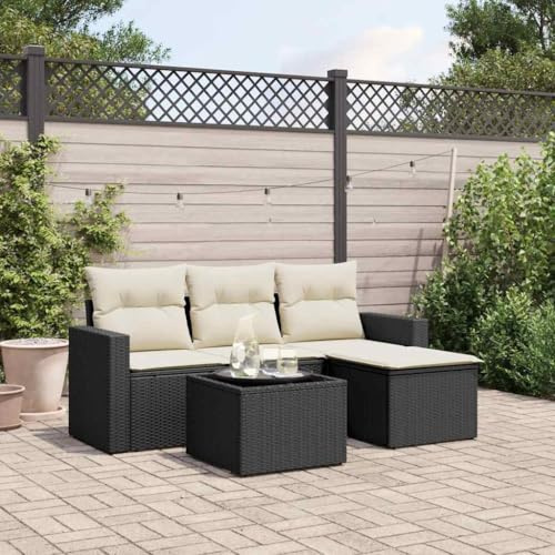 5-Piece Garden Sofa Set with Cushions Black PE Rattan Outdoor Furniture for Patio Terrace, Weather-Resistant Modular Sectional Sofa with Glass Table & Storage Space, Comfortable Lounge Set