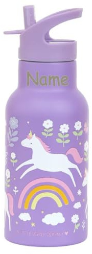 Elefantasie Personalisierte Edelstahl Trinkflasche für Kinder mit Namen graviert ultraleicht Trinkstrohhalm für Kinder ab 4 Jahren (Einhorn, 350 ml)