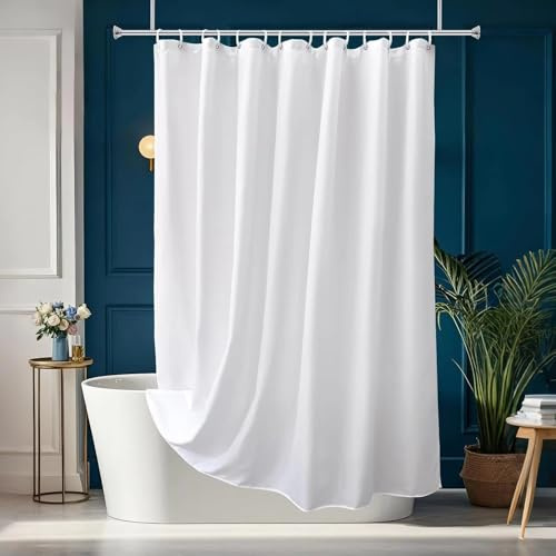 AJALGZ Weißer Badevorhang, wasserdicht, Polyester, maschinenwaschbar, verstärkter Saum Oben und Haken (205 x 225 cm/extra breit)