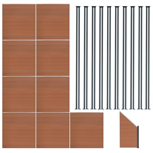 Composite Fence Panels x 9 Angled Piece & 11 Metal Posts 6ft Double Sided Board Wood Grain Slatted Fencing Brown Plastic Outdoor Garden Privacy Barrier 1.85m H x 16.57m W Solar Powered LED Lighting