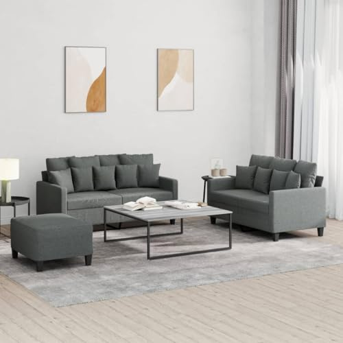 QJBSAVVA 3-TLG. Sofagarnitur Dunkelgrau mit Hocker & 16 Kissen, 2×2-Sitzer Sofa 138/158 cm, Robustes Gestell aus Holz/Metall, Modernes Wohnzimmer Couchgarnitur für Living Room, Büro & Jugendzimmer