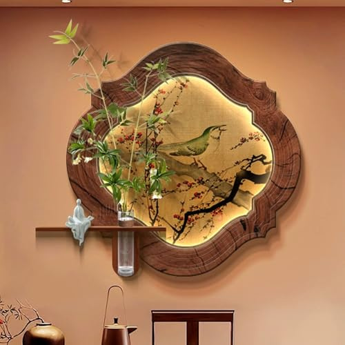 HOLGVE 3D-Wandbild Mit LED-Beleuchtung, Wandskulpturen mit Simulierter Pflanzen-Sandstein-Dekoration, Kunstgemälde for Eingangsbereich, Wohnzimmer, Flur(Brown-3,50x50cm/19.6x19.6in)