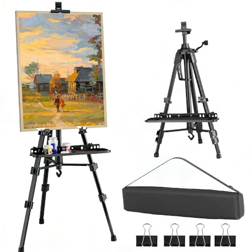 Gobesty Easel Stand for Painting, Folding Tripod Easel Stand for Adults & Kids 50-160cm Adjustable, Aluminum Art Easel with Tray, Bucket Hooks, Folding Leg & Carry Bag, for Display Drawing Art Sketch