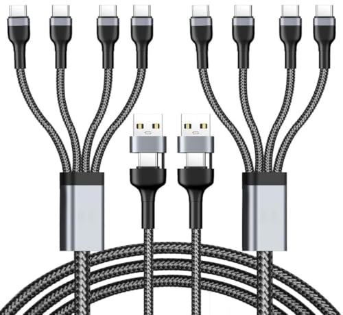 Velozym 2PCS Cable Multiple Cargador USB-C 4 en 2, Tipo C, 1.2 m | 4 Puertos USB-C, Cable Cargador Rápido PD 40W & QC 3.1A para iPhone 15, Samsung S24, Xiaomi