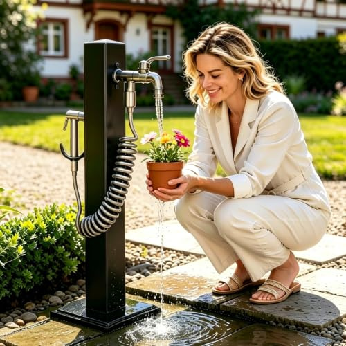 Wassersäule Garten 2 Anschlüsse, Wasserzapfsäule Garten mit Wasserhahn & Spritzpistole, Wasserzapfstelle Edelstahl, Gartenwassersäulen für Draußen, Wassersäule für Bewässerung Waschen