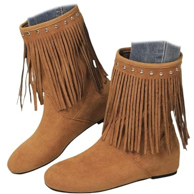 MASHANGGOU Botas de vaquero occidentales para mujer, con flecos de ante sintético, estilo retro, punta redonda, con flecos, con correa en el tobillo, botines de tacón bajo, zapatos planos, marrón, 37