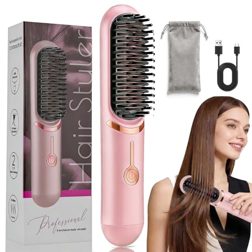 Brosse Lissante pour Cheveux ionique négative portable sans fil, fers à lisser, brosse de défrisage sans fil, peigne de défrisage avec fonction de charge USB, brosse de défrisage 2 en 1 (Rose-1)