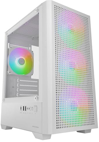Mars Gaming MC-Vector, Boîtier PC Gaming Micro-ATX et Mini-ITX, 4X Ventilateurs ARGB FDB 12cm, Verre Trempé, Façade Mesh, Double Chambre, Support Refroidissement Liquide 120mm, USB-C, Blanc