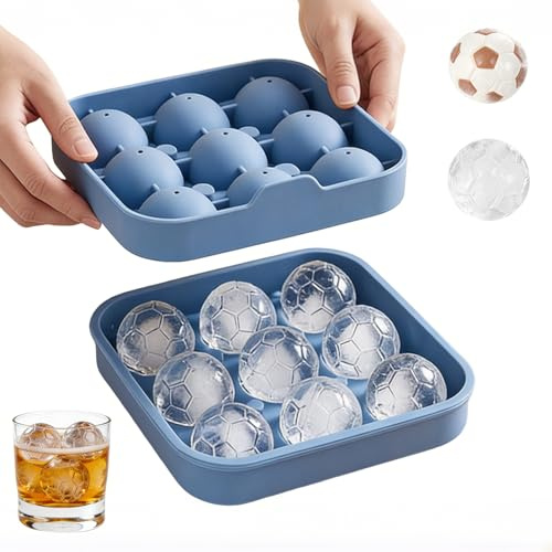 Eiswürfelform Silikon, 9 Fach Eiswürfelbehälter, 3D Fußball Eiswürfelformen, Eiswürfel Silikon Kugel Waschbar, Eiswürfel Form, Eiswürfelschale Ice Cube Tray für Sommer Heim Bier Cocktails (Blau)