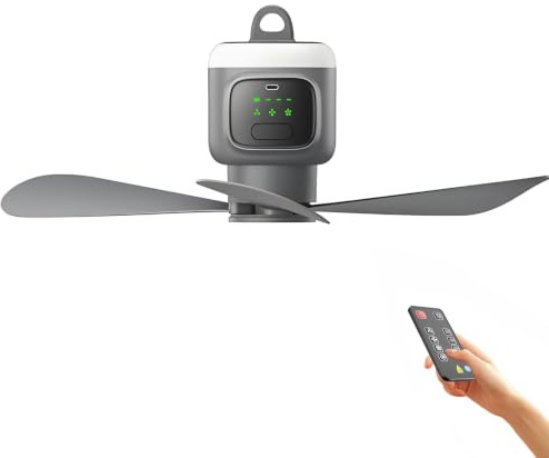 WANWEN Ventilador de techo portátil con batería de 45 cm, ventilador de camping recargable con control remoto y luz LED, 12000 mAh, 4 niveles, temporizador de 2/4/8 horas