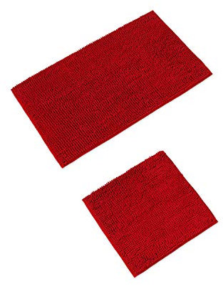 WohnDirect Badematten Set 2 teilig Rot • WC Vorleger (45x45cm), Badematte (50x80cm) • rutschfest waschbar Badezimmerteppich OHNE WC-Ausschnitt