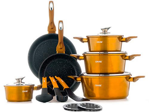 DMS® 15-teilig Induktion Kochgeschirr Kochset Töpfe Pfannen Set Bratpfanne Kasserolle Suppentopf mit Glasdeckel 3 Küchenutensilien 2 Topfuntersetzer Marbel Beschichtung Spülmaschinengeeignet (Kupfer)