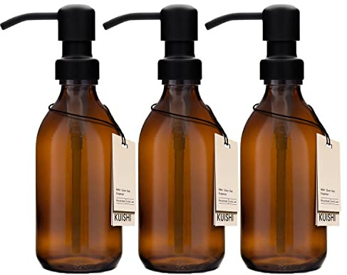 Kuishi Juego de Tres Botellas de Vidrio marrón ámbar de 250 ml con Bomba Negra de Acero Inoxidable, dispensador de jabón Recargable ecológico, decoración Elegante