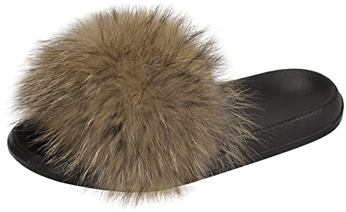 AONEGOLD Hausschuhe Damen Schlappen mit Fell Pelz Sandalen Weiche Pantoffel-Flipflops Pantoletten Sommer Flaumiger Slipper (Original Color,42/43 EU)