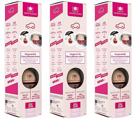 CRISTALINAS Pack de 3 Ambientadores de Coche – Absorbe los malos olores de tu vehículo con un agradable Aroma a Flor de Cerezo