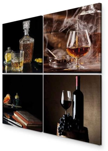 murando - Wandbilder Set Alkohol 60x60 cm 4 Teilig je 30x30 Vlies Leinwandbild Kunstdruck modern Wandbilder XXL Wanddekoration Design Wand Bild mehrteilig - Whisky Zigarre Wein