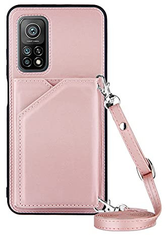 PekaTech Handykette für Xiaomi Mi 10T / 10T Pro, PU-Leder Hülle- Handyhülle mit Band zum Umhängen - Klapptasche Handytasche Case mit Handy-Kette, Kartenfach und Portmonee, Roségold