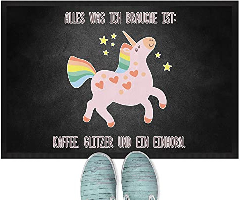 JUNIWORDS Fußmatte, Alles was ich Brauche ist: Kaffee, Glitzer und EIN Einhorn, 60 x 40 cm, mit Gummirand