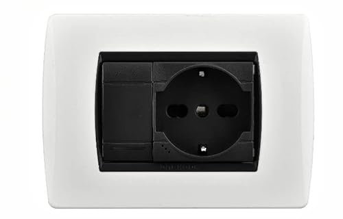 Di Tutto Per Tutti® Set Completo 4 Pezzi Living Light Compatibile | 1 Placca 3 Posti Bianco | 1 Supporto 3 Posti | 1 Shuko 2P + T 10/16A 250V Nero| 1 Tappo Copriforo Nero