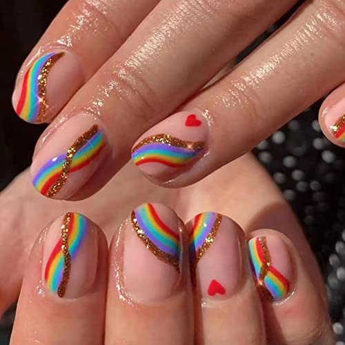 JUSTOTRY 24 Pcs Square False Nails Short, Rainbow Swirl Press on Nails Pattern, Cute Fake Nail Short, Pastel Stick on Nail for Women, Nails Fake Nail for Nail Art