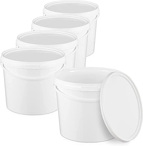 BenBow Cubo con Tapa, 10 l, Blanco, 5 x 10 l, Apto para Alimentos, Estable, hermético, a Prueba de Fugas, Inodoro, Recipiente de Almacenamiento de plástico, con asa, Lee