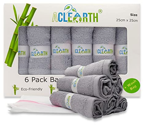 ACLEARTH® (Grey Bamboo Wash Cloths (6 pc) Bamboo Face Cloth - 25 x 25cm Soft Face Wash Cloth Flannels for Washing Face, Skin Sensitive, Makeup Removal, Premium, Adult, Body, Babies, Kids, Baby Gift