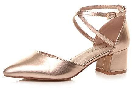 AJVANI Womens Ladies mid Block Heel Pointed Toe Cross Strap Two Part Mary Jane Court Shoes Sandals Size