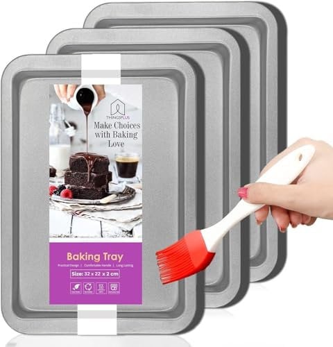 ThingsPlus Set of 3 Baking Trays for Oven Non Stick, Premium Carbon Steel Oven Trays Non Stick with Teflon Coating, Durable & Easy-Clean NonStick Baking Tray Set for Cookies & Savories (32x22x2cm)