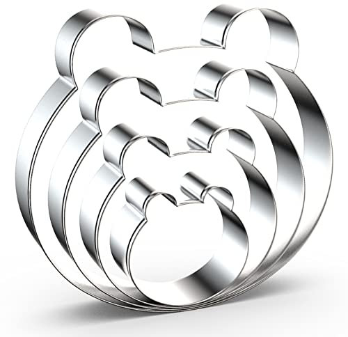 Bear Face - Set di formine per biscotti da 12,7 cm, 10,2 cm, 7,6 cm, 5,1 cm, 4 pezzi, forma a forma di orso, in acciaio INOX