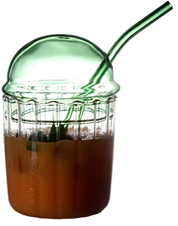 TITA-DONG Cute Drinking Glasses with Glass Dome Lid and Straw, Reusable Wide Mouth Smoothie Cups 15oz Glass Coffee Iced Cup Tumbler Glass Bubble Tea Cup for Coke Soda Home Office Bar(Green)