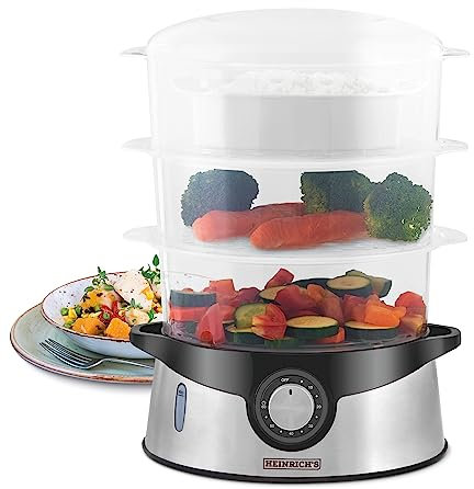 HEINRICHS Dampfgarer,3-Schicht stapelbare Etagen Schalen, BPA-frei, Spülmaschinenfest, 9Liter Fassungsvermögen, inkl. Reisschale/Reiskocher, Dampfkocher mit 0-60Min Timerfunktion,800 Watt Heinrich´s