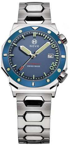 NOVE Marine – Swiss Made automatische Taucheruhren für Damen und Herren, 13,05 mm dünn, 44 mm Gehäusegröße, 200 m wasserdicht, 44 mm Gehäusegröße, Blau & Edelstahl, blau / silber, Taucheruhr