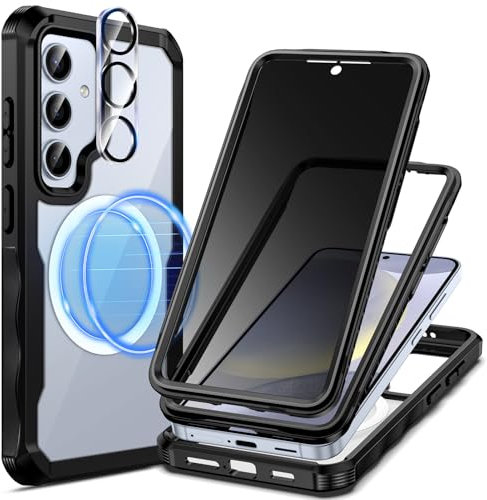 seacosmo for Samsung S24 Case, Galaxy S24 Case with Privacy Screen & Camera Lens Protector, Compatible with MagSafe 360° Armour Shockproof Full-body Protective S24 Cover [2 Front Frame] - Black