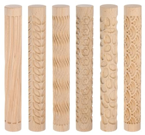 sourcing map 6pcs Wood Clay Roller Pattern Modeling 5.9 Inch Beech Wood Grain Texture Hand Rollers Wooden Pottery Tools Texture for Clay Baking Playdough DIY