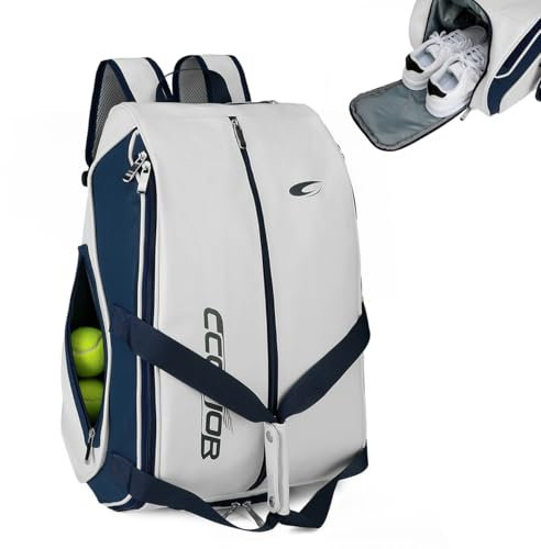 CCGTIOR Tennistasche für 2 Schläger mit Schuhfach, Zaunhaken und Ballhülse – großer PU-Pickleball-Paddel-Rucksack für Damen und Herren (blau)