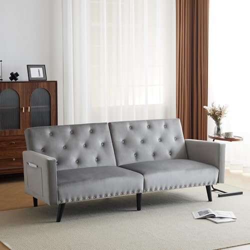 Merax 3-Seater Sofa Bed (L:191cm) Adjustable Sofa Bed with Storage Pockets,Modern Nailhead-Trim & Button-tufted Recliner Couch for Living Room/Guest Room/Bedroom/Office,Light Grey Velvet