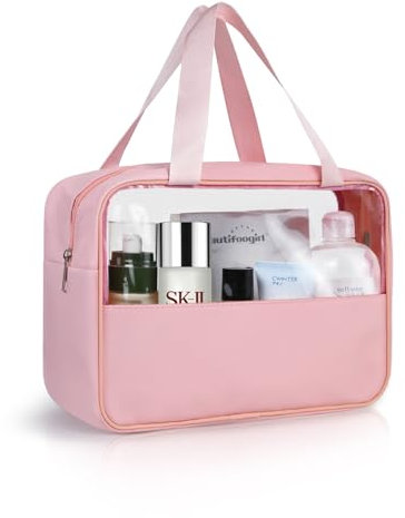 Luxoraiova Kosmetiktasche Durchscheinend, Kulturtasche Damen, Tragbare Kulturbeutel Herren, Flugzeug PVC Waschtasche Damen Wasserdicht, Kulturtaschen für Männer, Frauen, Familie (Rosa)